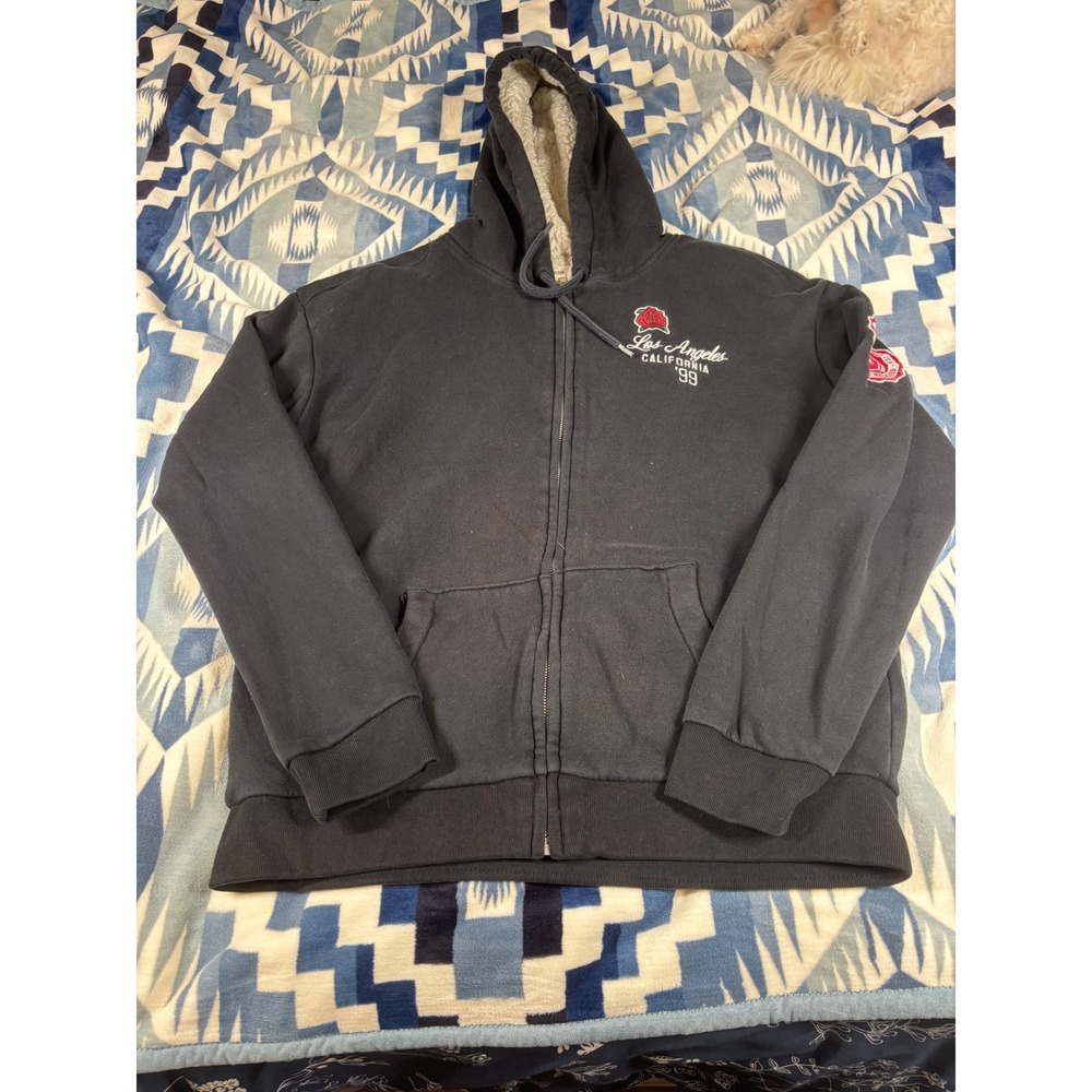 Hollister Los Angeles California Rose Sherpa Lined Zip Up Hoodie Black Large